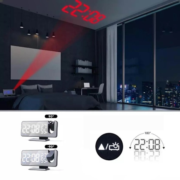 Projektionsväckarklocka, digital väckarklocka med projektion, radioväckarklocka med USB-anslutning, stor LED-display, snooze-funktion, dubbla larm, projektion