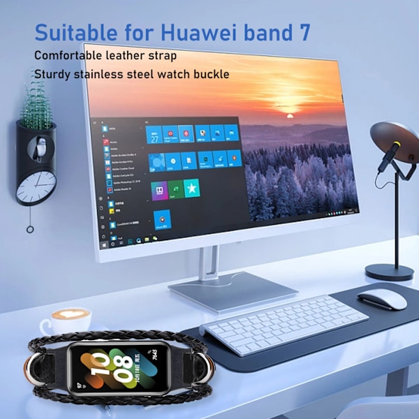 Smartwatch-armband i läder, retro, snyggt, bekvämt, robust, spänne i rostfritt stål, ersättningsarmband för Huawei Band 7, svart