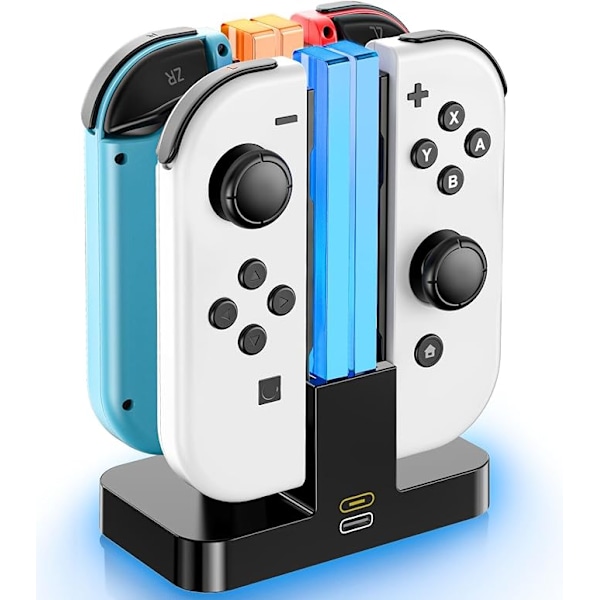 Laddningsstation för Switch, Laddare för Nintendo Switch/OLED, 2H Snabb Laddning för 4 Switch-kontroller, Laddningsdocka med LED-indikator och Kabel