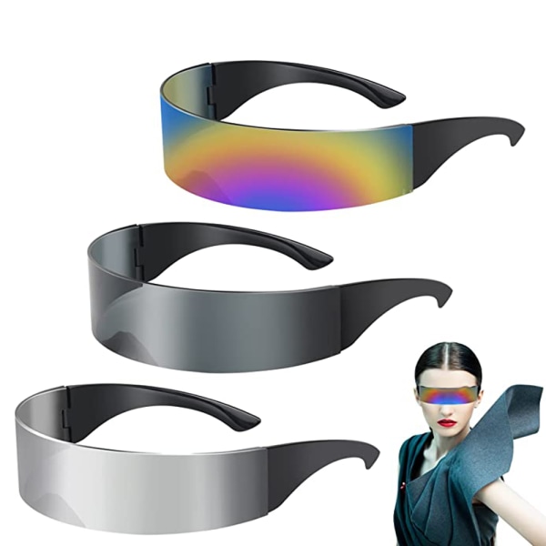 Rave Quick-glasögon, paket med 3 färgglada + silver + svarta Futuristiska smala cyklopglasögon, roliga glasögon, rollspel Halloween-glasögon set, rymdglasögon