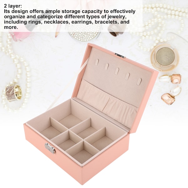 Smyckeskrin Organizer 2 Lager Smyckesförvaring PU Läder Bärbar Ringar Örhängen Smycken Displayhållare Rosa