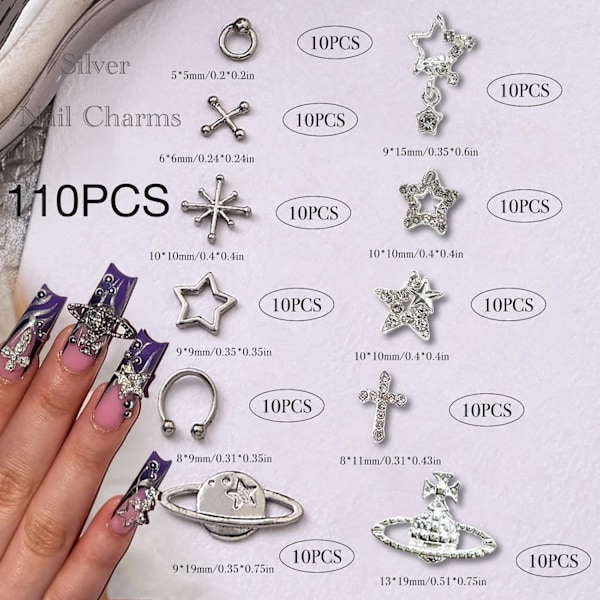 110 stjärnformade nageldekorationer för akrylnaglar, silverstjärna planet kors legering nagelkonst dekoration, nagelstenar nagelsmycken tillbehör