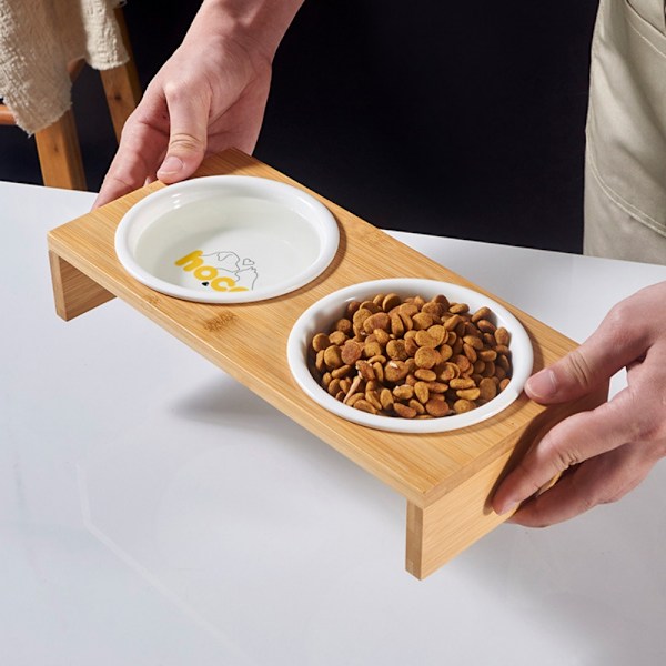 Upphöjd matskål för katt, ergonomisk design, massivt bambustativ, justerbar höjd, hopfällbar & avtagbar, diskmaskins- och mikrovågssäker kattskålsset för