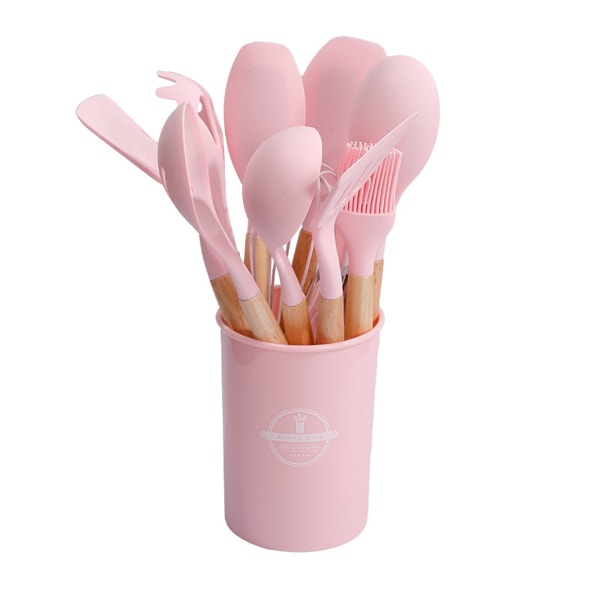 Rosa köksredskap set - 12 delar silikon köksredskap set med trähandtag (diskmaskinssäker) värmebeständig spatelsats, non-stick köksredskap