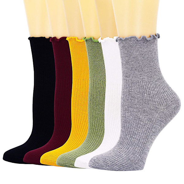 Damstrumpor. Volang Vändmanschett Casual Ankelstrumpor Andningsbar Cool Knit Bomull Sallad Besättning Volangsocka 3-pack