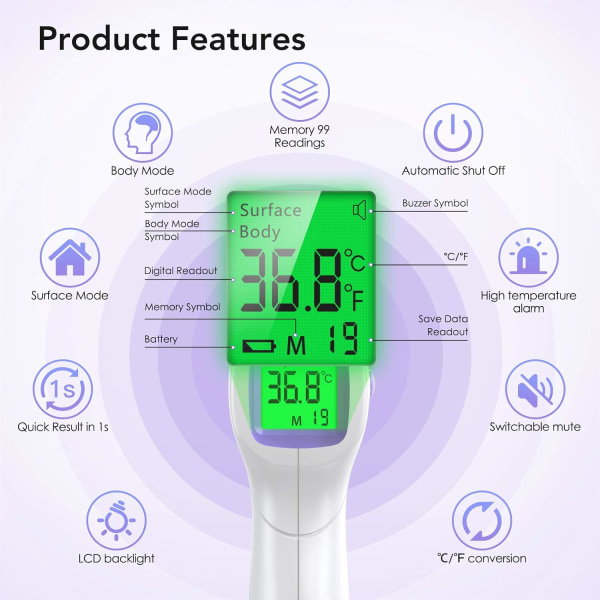 Vuxenpann termometer, infraröd pann termometer, 2 i 1 kontaktfri baby vuxen objekt termometer, infraröd termometer med feberlarm,