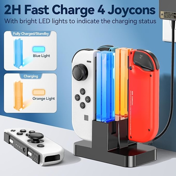 Laddningsstation för Switch, Laddare för Nintendo Switch/OLED, 2H Snabb Laddning för 4 Switch-kontroller, Laddningsdocka med LED-indikator och Kabel