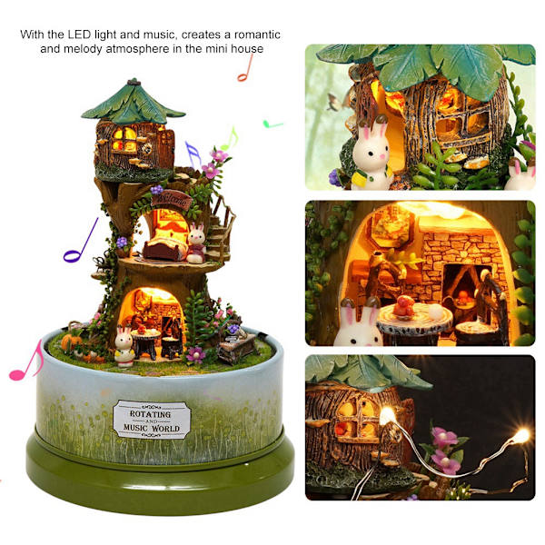 Söt DIY Skog Dockhus Miniatyr med Roterande Musikbox Dammskydd LED-ljus