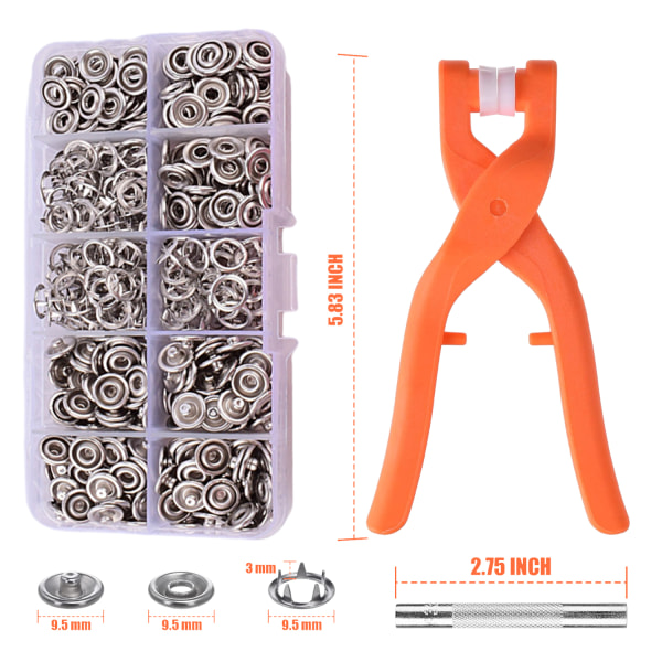 100 Set tryckknappfäste kit, fem klor spänne verktygssats med fäste tång verktygssats, rostfritt stål ring knapp för kläder hantverk sömnad