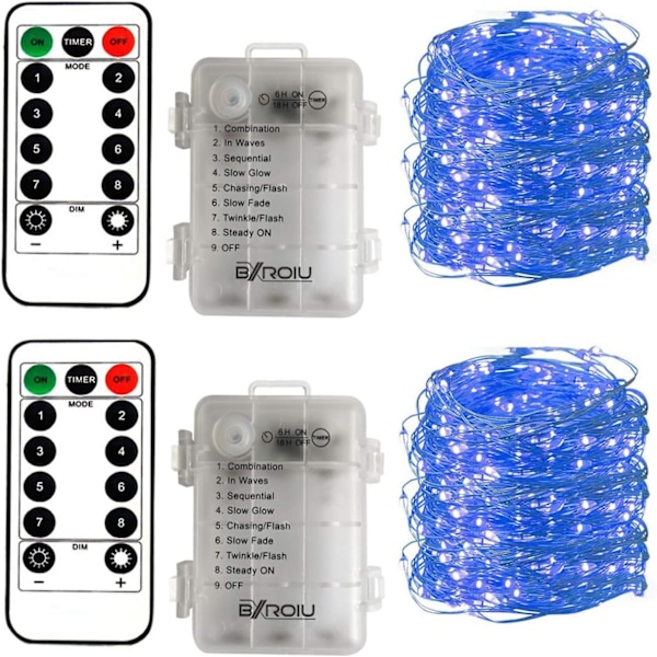 2 x 50 LED-batteridrivna ljusslingor per 5m mikro silverkabel 3AA Vattentät batteridrift med fjärrkontroll 8 program (blå)