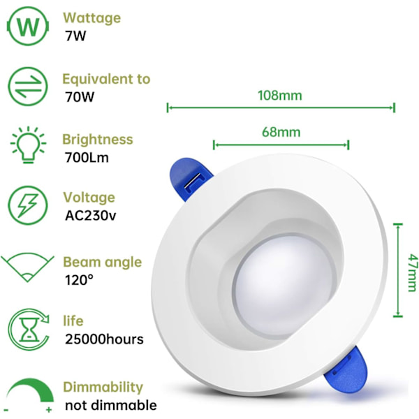 Set med 6, neutralt vita LED-infällda spotlights, runda LED-badrumsstrålkastare IP44, för badrum, vardagsrum, sovrum, kök, kontor, hall