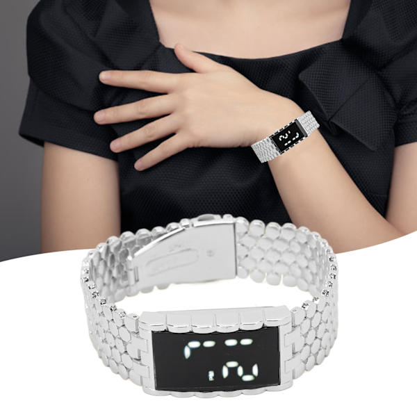 LED-klocka med dubbla öppningar i rostfritt stål, spänne i metall, rektangulär urtavla, digital armbandsur för utomhusaktiviteter, silver