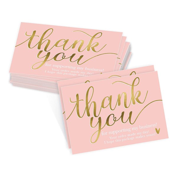 100 st 2x3,5 tum Tack för ditt stöd Visitkort, rosa och guld-tema anpassade tackkort
