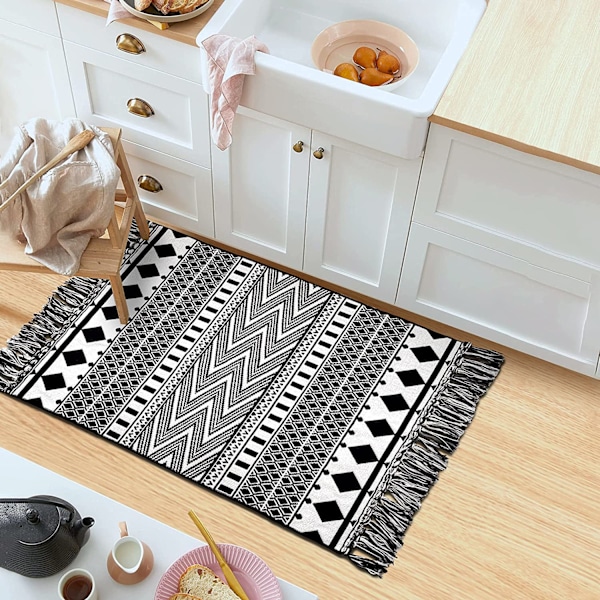 Badrumsmatta med tofs, 2'x3', 100 % vävd svart geometrisk matta Helt vändbar, bomull Maskintvättbar Boho utomhusmatta för kök i sovrummet