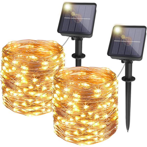 Set med 2 Bitjam 12 + 2 m 120 LED utomhus solcellslingor, utomhus solcellslingor, 8 lägen, väderbeständig, för trädgårdsdekoration, fest