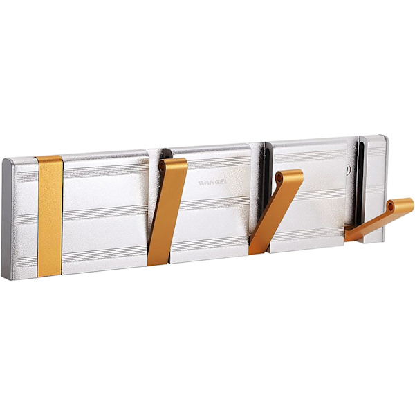 Väggmonterad klädhängare, klädkrok med 4 infällbara krokar, patenterat lim + självhäftande, aluminium, matt finish