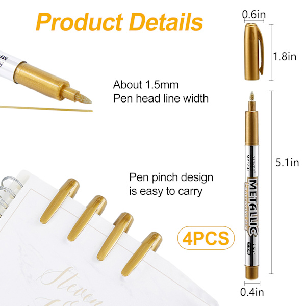 4 st Gold Metallic Marker, Guld Permanent Markers Penna, Highlight Marker Pennor, Guld Pennor Metallic Scrapbook Tillbehör för konstnärer Studenter Hantverk