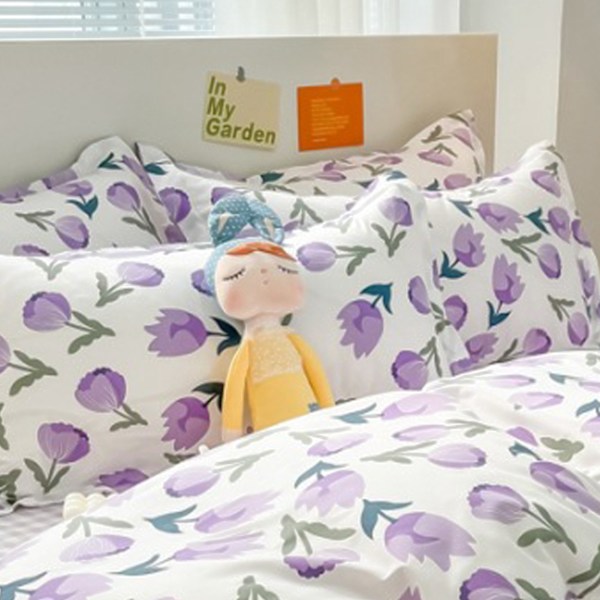 Hemma Sängset 3-delat Tjockare Borstad Enkel Stil Andningsbar Hudvänlig Bomulls Bedding Comforter Set Lila Blomma 1,2m (4ft) Säng