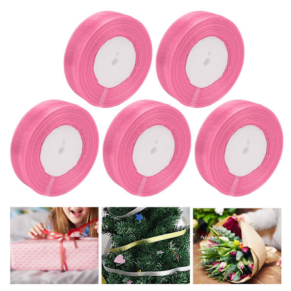 5 Rullar 245 Yards Totalt Presentglitterband 2,5cm Bredd Polyester Metalliskt Glitterband Presentband för Presentinslagning Rosa