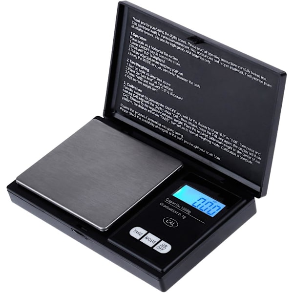 Digital fickvåg 1000g x 0,1g, köksvåg, smyckesvåg Mini elektronisk fickvåg - Svart