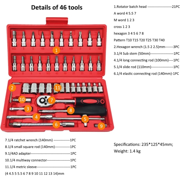 Hylsnyckelsats, 1/4'' spärrnyckel, hylsor och lådor, professionella bilmekaniska verktyg, används för cykel, motorcykelmotor (46 st)