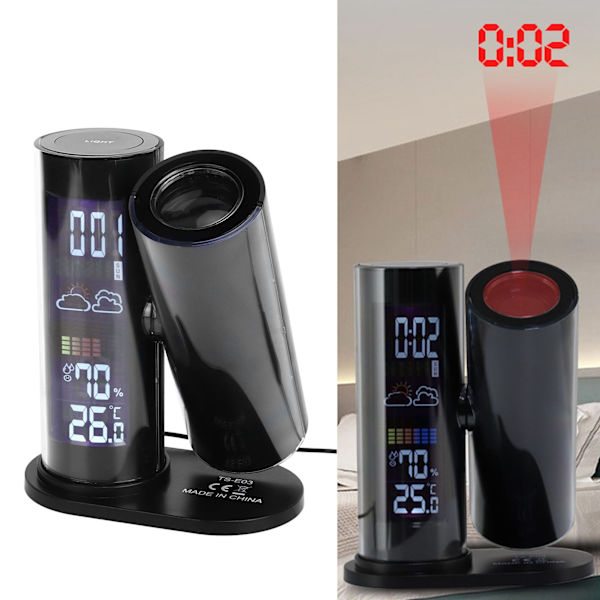 Projektionsväckarklocka Temperatur Fuktighetsdisplay 360 Grader Roterbar Färg Bakgrundsbelyst Bordsur EU-kontakt 100V‑240V