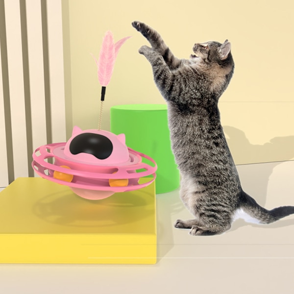 Katt skivspelare leksak 360 graders rotation lindra tristess intressant interaktiv katt leksak med fjäder för katt tillbehör rosa