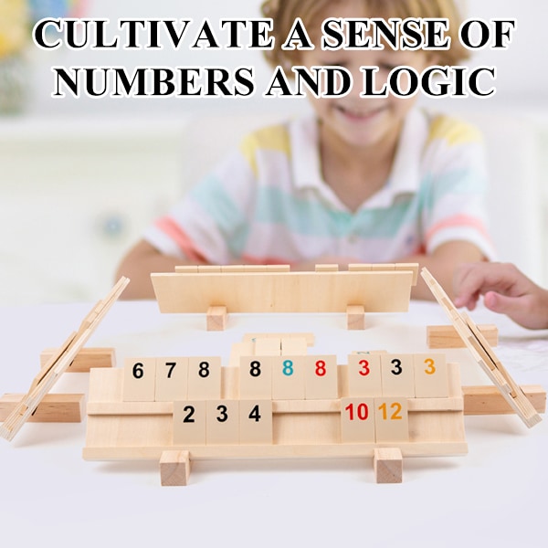 Rummikub-spel för 2-4 spelare med 4 träställ/brickor och 106 rummikub-kort i trä, stor och tydlig nummerutgåva, leksaker för familjer