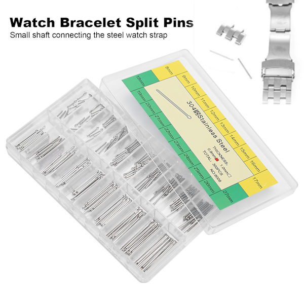 0,9 mm klockarmband delade stift 304 rostfritt stål klockdelar sortiment 8‑27 mm