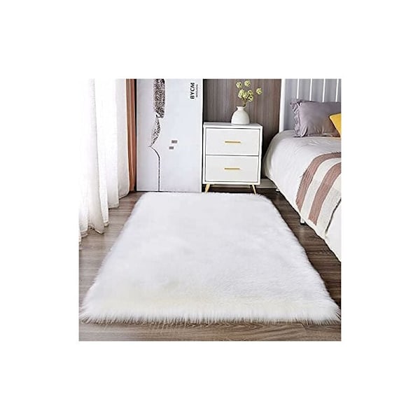 Faux fårskinn ullmatta, imitation fleece matta fluffig mjuk långhårig dekorativ stolskudde soffmatta (50x150cm - rektangulär, vit) Vit