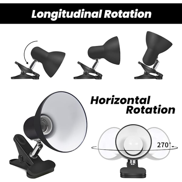 E27 Klämlampa med europeisk sockel och strömbrytare, 270 graders rotation Edison skruvsockelhållare, skrivbordslamphållare, AC 85-265V (Svart - utan glödlampa)