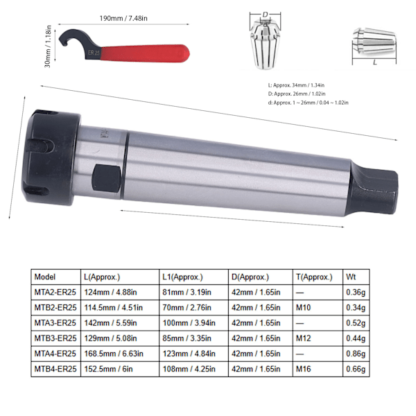 Collet Chuck Förlängningsstång MTA ER25 Klämhållare Verktygssats för CNC-fräsning Svarv MTA4-ER25-M16