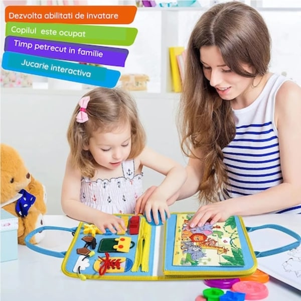 Sensorisk interaktiv leksak, Busy board textil, Montessori, Väska typ bok, För resor, blå