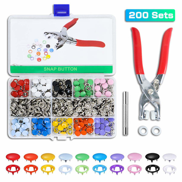 Tryckknappar, tryckknappssats med tång 200 set tryckknappar metall, 10 färger Symaskiner Tillbehör Knappar Knappar för sömnad Verktyg Knäppen