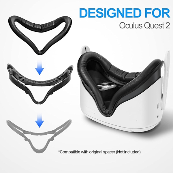 Ansiktsgränssnitt & ansiktsöverdrag för Oculus Quest 2, svettsäker PU-skumkudde - VR-tillbehör för Meta Quest 2, kompatibel med Oculus Quest 2