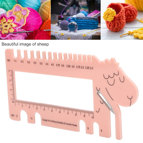 Linjal i plast, fårform, virkad tröja, stickgarn, mätare, vävning, hjälpverktyg