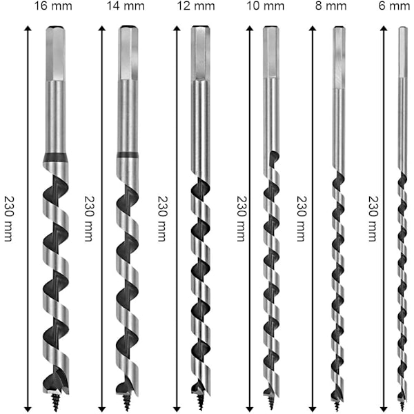 Träborr, 6-delad snigelborrsats, borrsnigel med sexkantskaft, träborrsats, skaftträverktyg för träbearbetning (6/8/10/12/14/16 * 230MM)