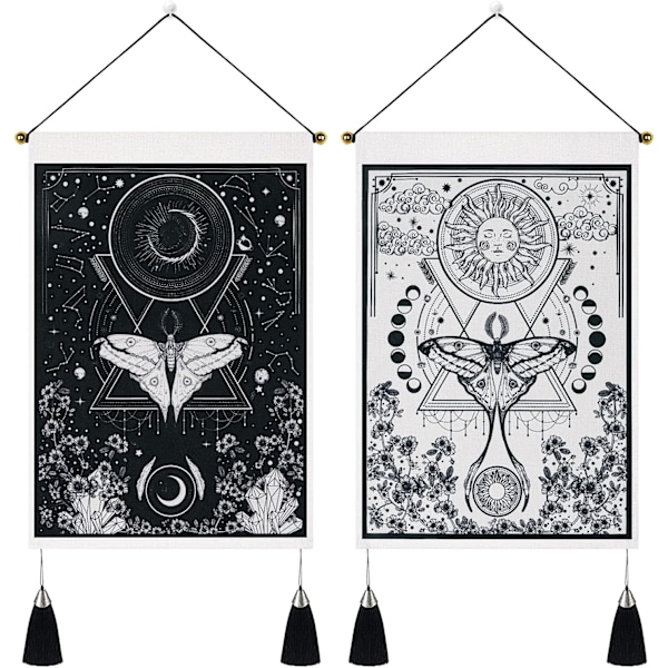 2-pack gobeläng sol och måne gobeläng mal gobelänger svart och vit gobeläng blomsterranka gobeläng väggbonad för rum (13,8 x 19,7 tum)