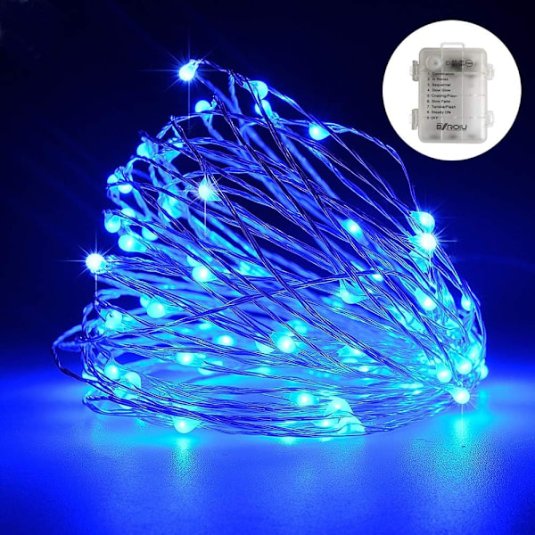 2 x 50 LED-batteridrivna ljusslingor per 5m mikro silverkabel 3AA Vattentät batteridrift med fjärrkontroll 8 program (blå)