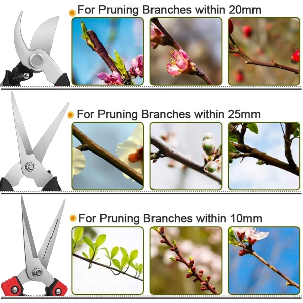 Beskärningssax - 3-delad beskärningssax ergonomisk beskärningssax - beskärningssax med rostfritt stålblad för grenar, blommor, rosor, frukter,