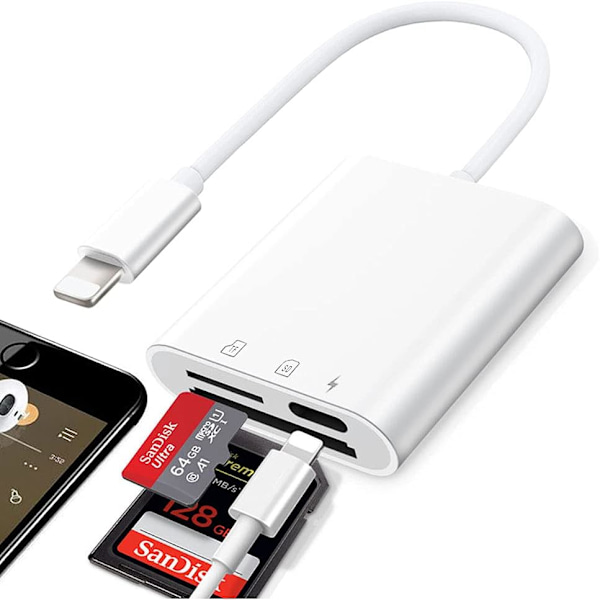 iPhone Kortadapter, Portabel 3-i-1 Dubbelkortläsare, Stöder Tvåvägsöverföring & Höghastighetssynkronisering, Plug and Play för Lightning-enheter
