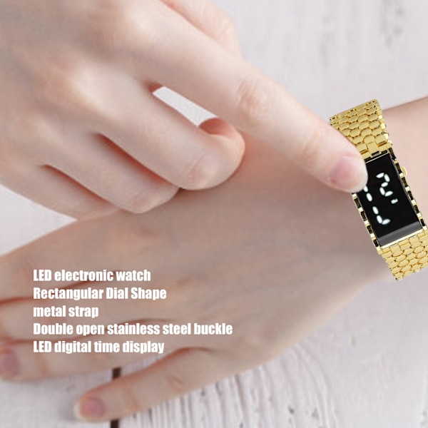 LED-klocka Dubbel öppen rostfritt stål spänne metallband rektangulär urtavla digital armbandsur för utomhusaktiviteter Guld
