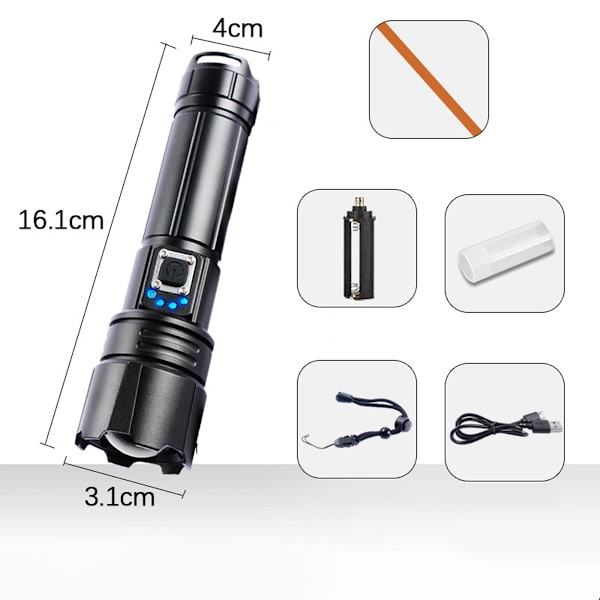 LED 10 000 lumen, extremt ljusstark USB-laddningsbar taktisk ficklampa med CREE XHP70.2-hölje, IP67 vattentät 5 lägen för camping vandring