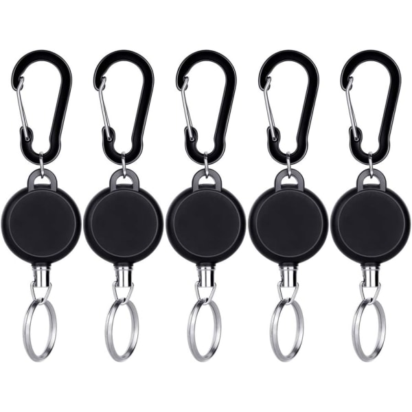 5 st. Retractable Keychain Retractable Badge Holder Reel Clip ID Badge Holder med ståltråd, Svart