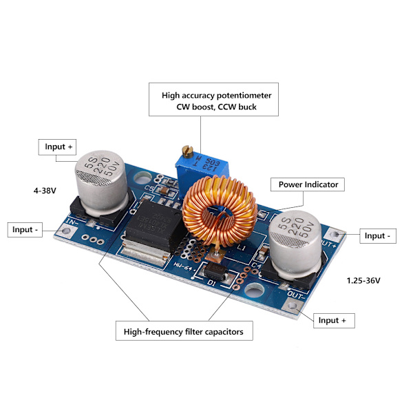 4 st Spänningsregulatormodul för steg nedåt DC DC Justerbar omvandlare 5A 4~38V