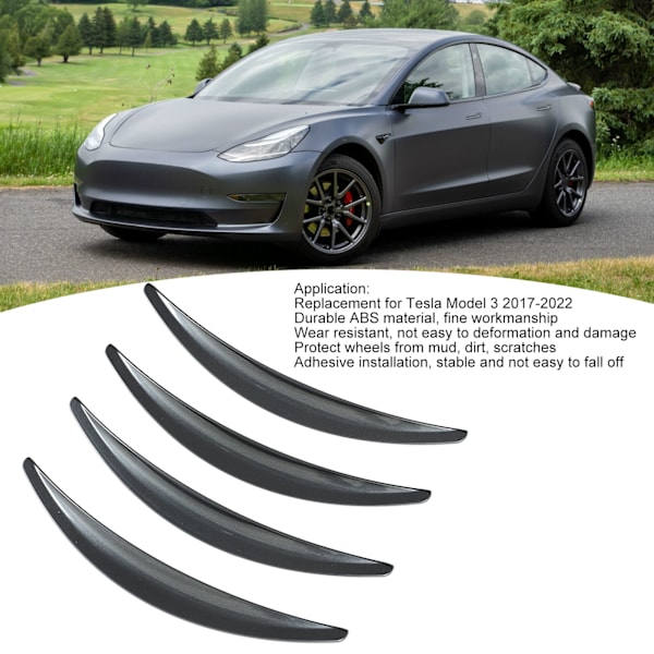 4 st. Hjulskärmar, Slät Yta, Repskyddande, Ersättning för Tesla Model 3 2017‑2022 Grå