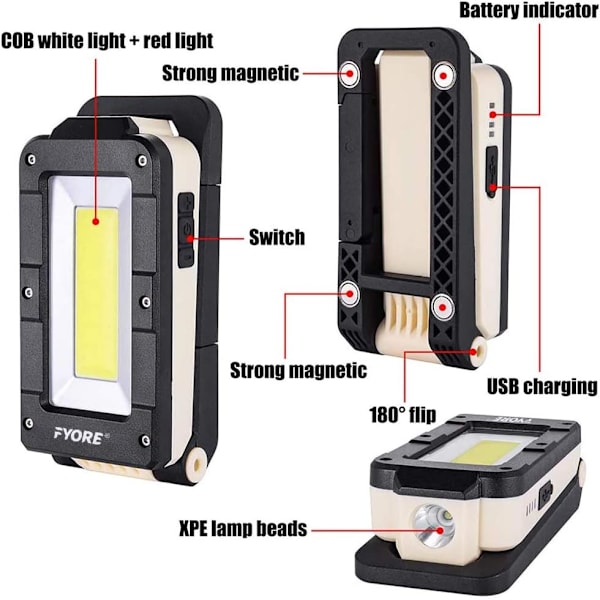 Uppladdningsbar arbetsstrålkastare Campinglampa LED Bärbar byggstrålkastare 180° roterbar, USB-port IPX4 magnetisk bas, bilar, fiske, belysning