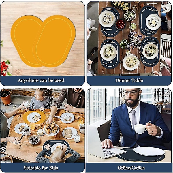 Faux läder placemats set om 4 - Dubbelsidig färg oval design matbord mattor vattentät värmebeständig heminredning - Gul