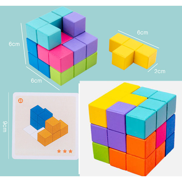 Träpussel, 3D Tetris Tangram-pussel med 7 färgglada kuber Pusselspel för barn vuxna