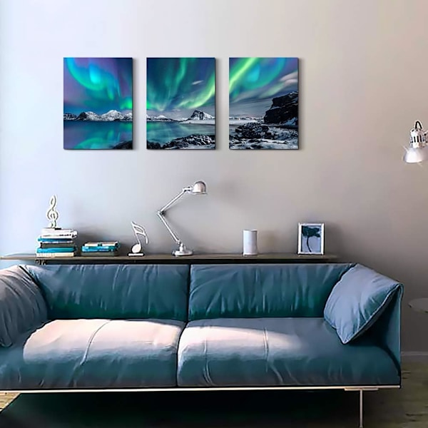Bondehus Väggkonst Aurora Landskapsmålning på Canvas Väggdekorationer för Vardagsrum Sträckta och Inramade Canvasmålningar 3 Delar Sovrum Badrum